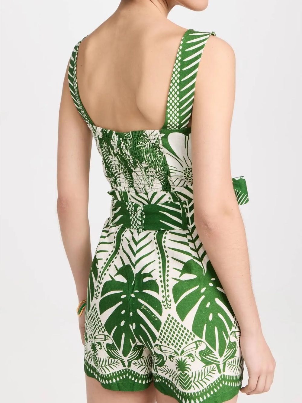 Farm Rio Green & White Tropical Print Romper with Beaded Belt and Pockets - Picture 14 of 17